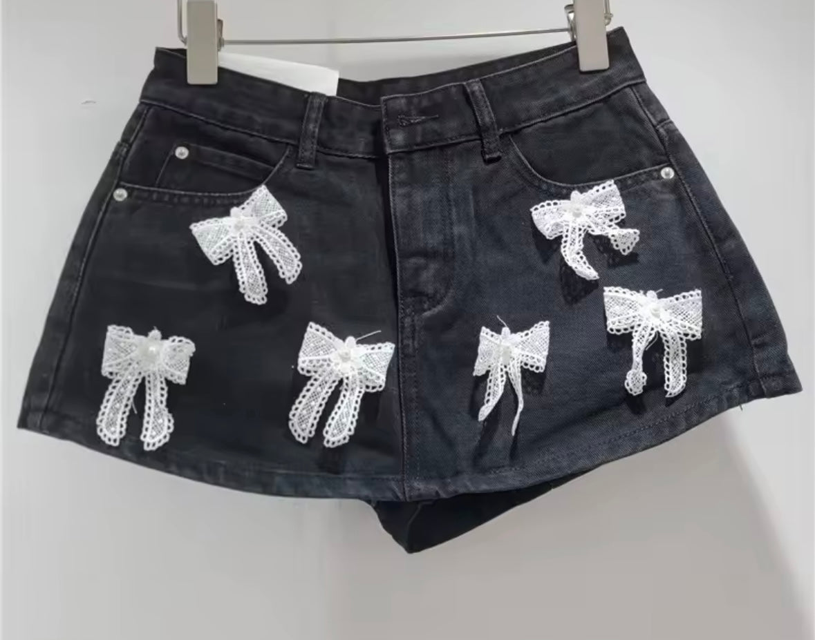 Women Fashion Bow Patchwork Denim Wrap Shorts
