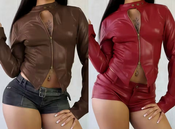 Women Color Fashion Zip Up Faux Leather Jacket