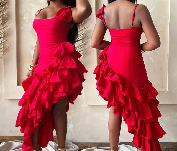 Women Sexy Sleeveless Solid Color Ruffled Asymmetrical Dress