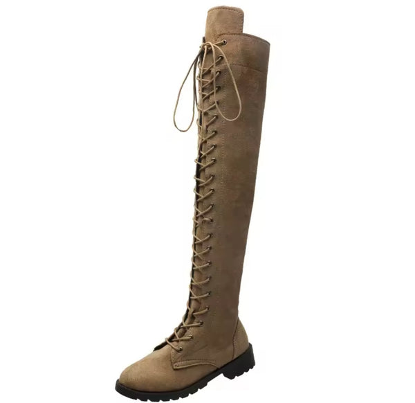 Women Fashion Color Suede Lace Up Over The Knee Flat Boots