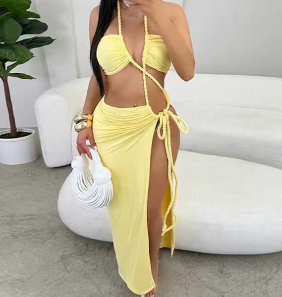 Women Sexy Halter Sleeveless Rope Tie Up Two Piece Maxi Skirt Set