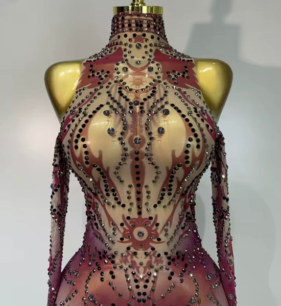 Women Color Rhinestone Mesh Full Sleeve Jumpsuit