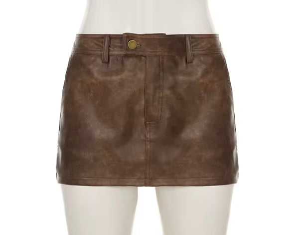 Women Sexy Fashion Faux Leather Brown Skirt