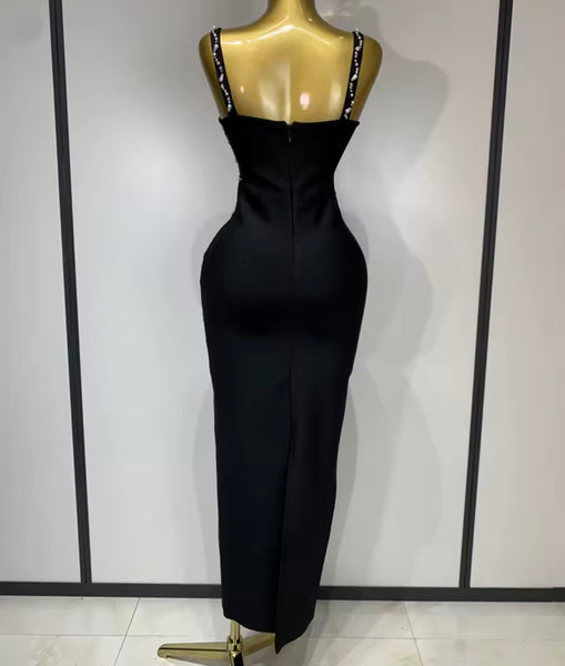 Women Sleeveless Black Beaded Rhinestone Patchwork Dress
