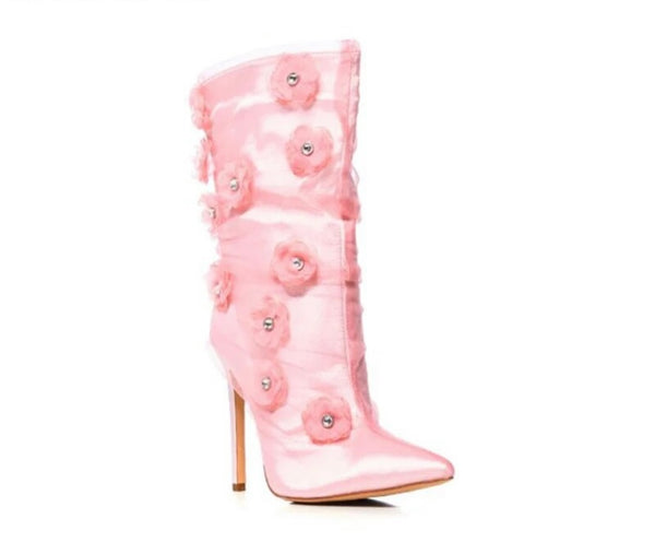 Women Fashion Pink Floral Rivet High Heel Ankle Boots