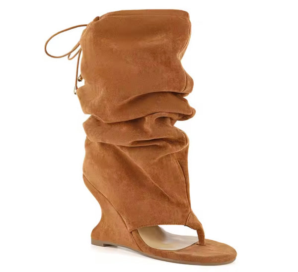 Women Fashion Suede Open Toe Wedge Ruched Drawstring Boots