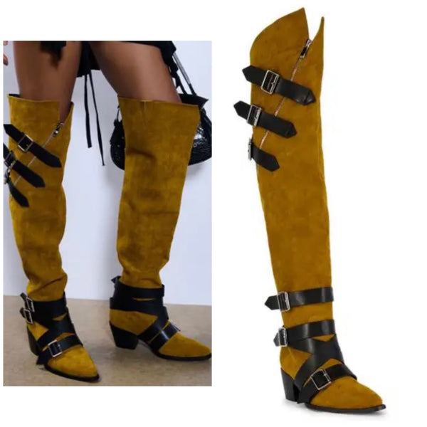 Women Fashion Suede Buckled Zipper Over The Knee Boots