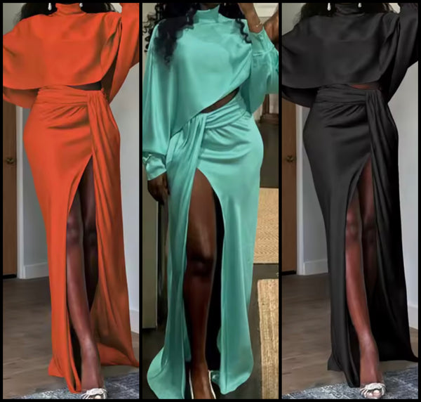 Women Sexy Full Sleeve Ruched Split Two Piece Maxi Skirt Set
