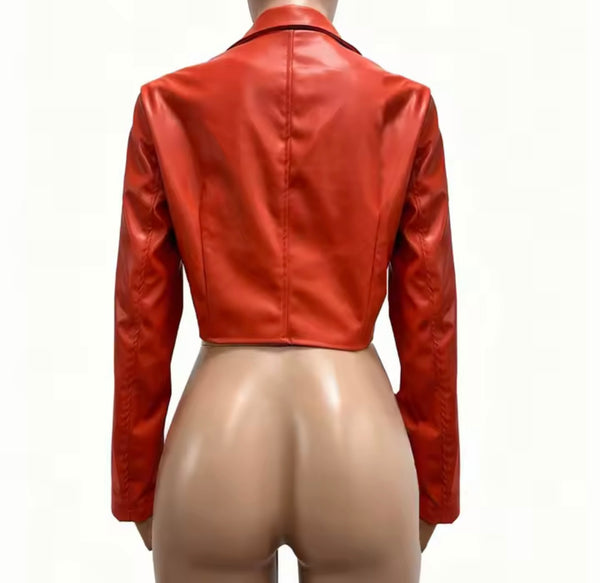 Women Color Zip Up Faux Leather Crop Jacket