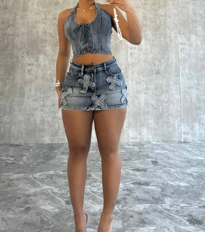 Women Sexy Sleeveless Lace Up Halter Two Piece Denim Skirt Set