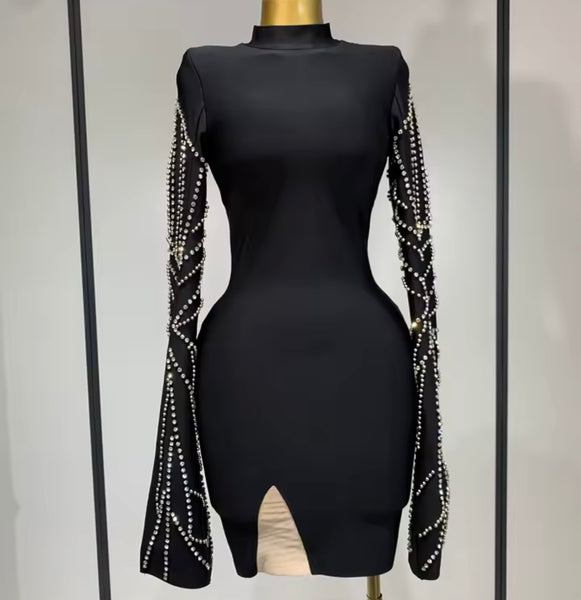 Women Sexy Black Rhinestone Full Sleeve Dress