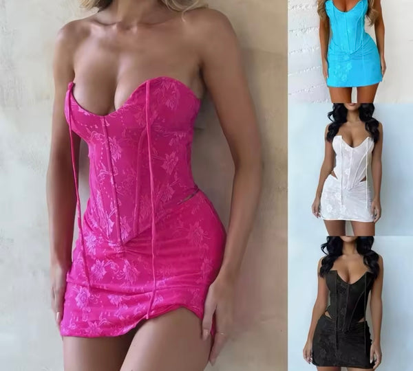 Women Sexy Strapless Color Corset Two Piece Skirt Set