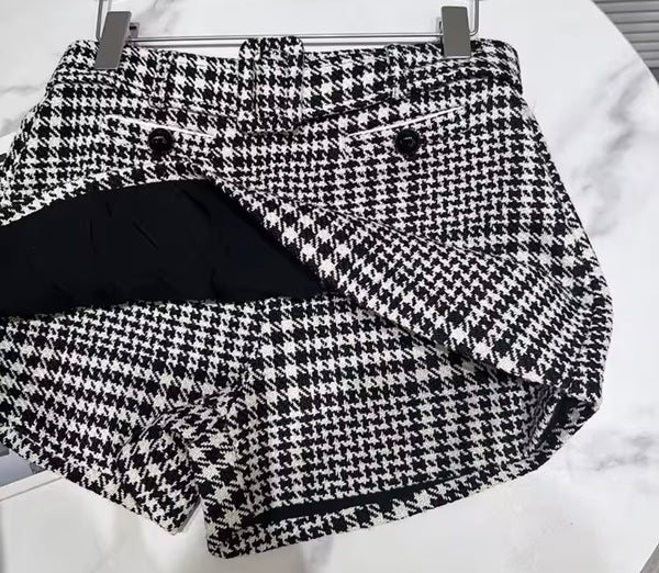 Women Fashion Plaid Button Up Blazer Two Piece Wrap Short Set