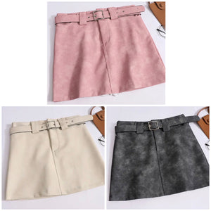 Women Suede Belted Fashion Skirt