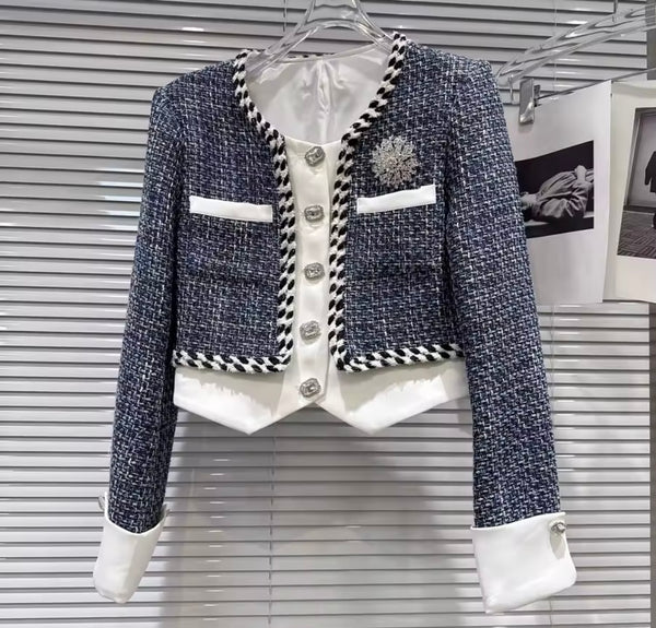Women Sexy Fashion Blue Tweed Blazer Two Piece Skirt Set