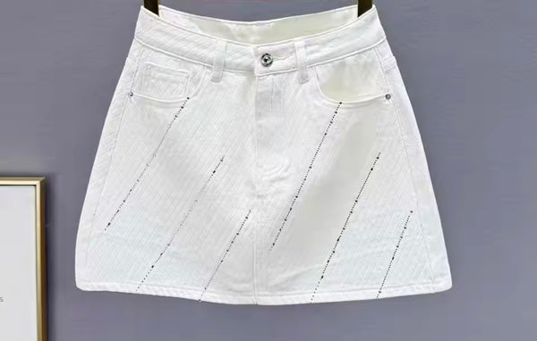 Women White Bling Rhinestone Fashion Denim Skirt