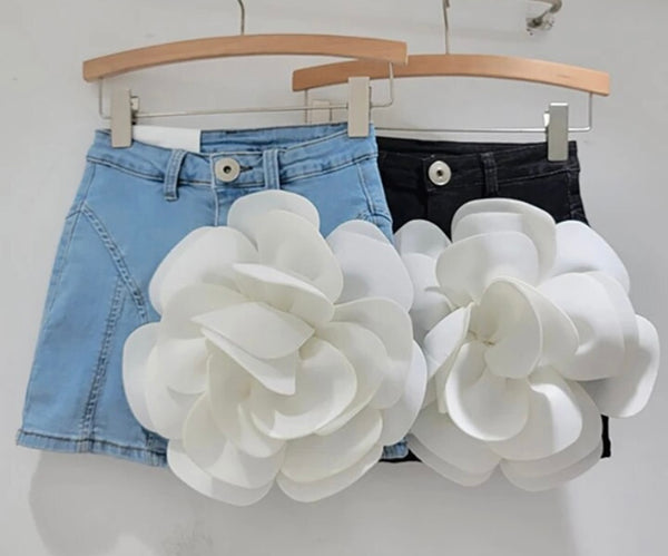 Women Sexy Fashion White Floral Denim Skirt