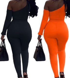Women Off The Shoulder Full Sleeve Solid Color Two Piece Pant Set