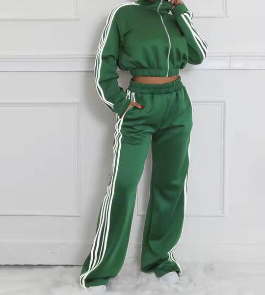 Women Striped Zip Up Fashion Two Piece Tracksuit Pant Set