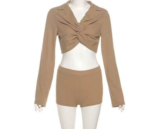 Women Solid Color Full Sleeve Crop Fashion Two Piece Short Set
