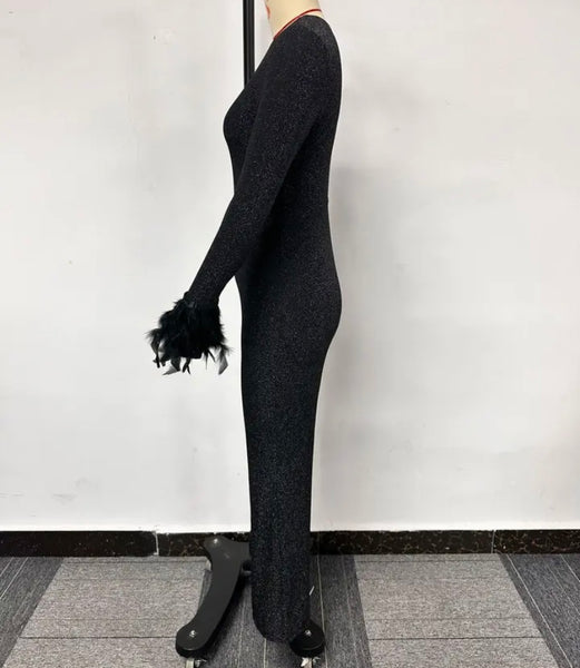 Women Sexy Black Feather Full Sleeve Sparkly Jumpsuit