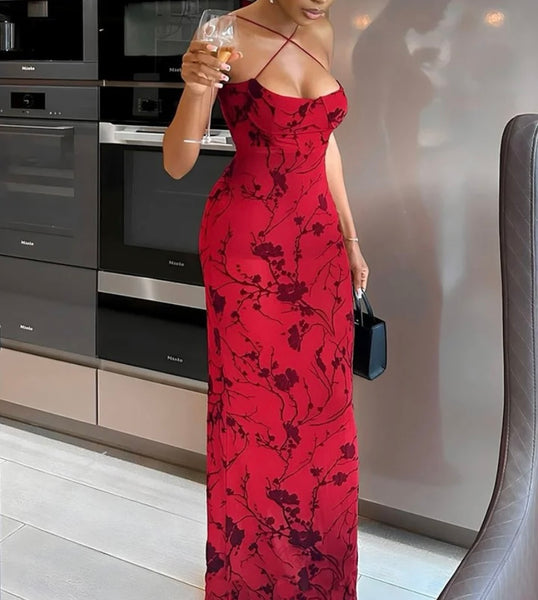 Women Sexy Sleeveless Red Printed Maxi Dress