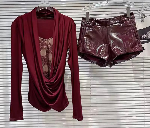 Women Burgundy Lace Patchwork Full Sleeve Two Piece PU Short Set