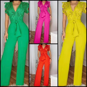 Women Sexy Lace Patchwork Short Sleeve Tie Up Jumpsuit
