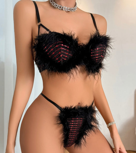 Women Sexy Color Patchwork Faux Fur Lingerie Set