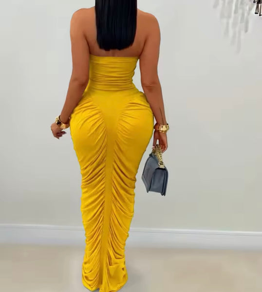 Women Sexy Strapless Ruched Maxi Dress
