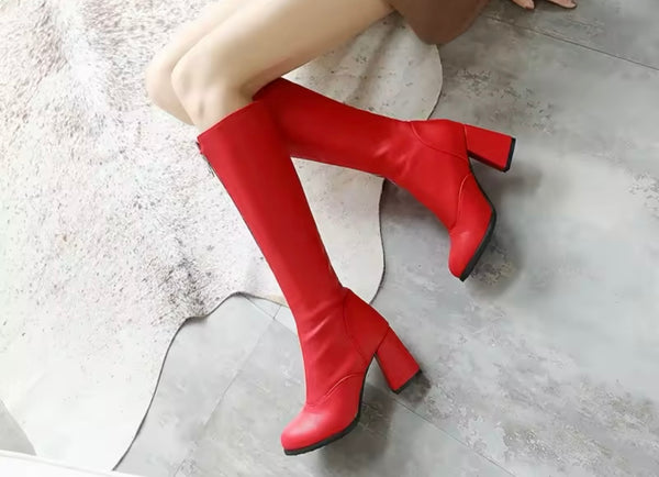 Women Color Zip Up Fashion Faux Leather Knee High Boots