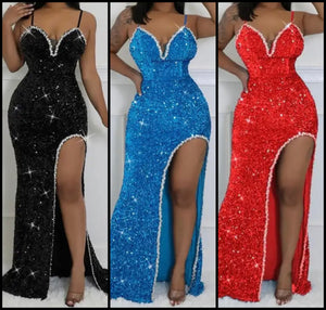 Women Sleeveless Sexy Sequins Rhinestone Patchwork Maxi Dress