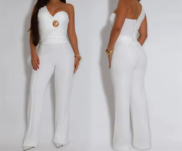 Women One Shoulder Sleeveless Solid Color Two Piece Pant Set