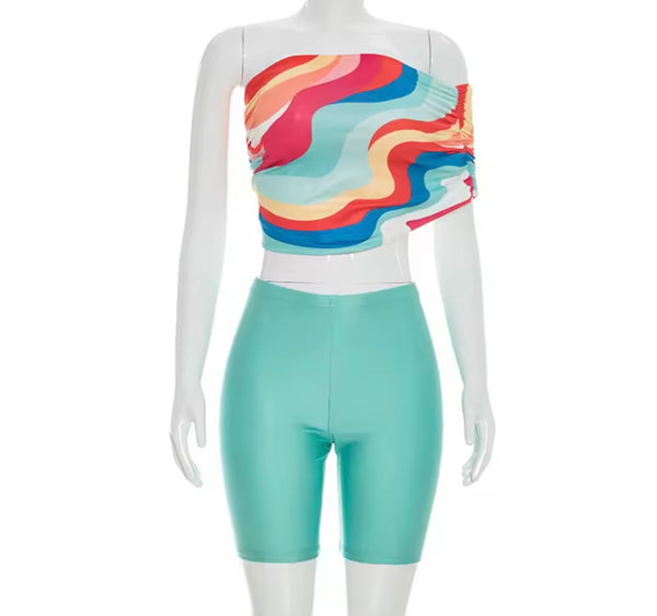 Women Off The Shoulder Colorful Crop Two Piece Short Set