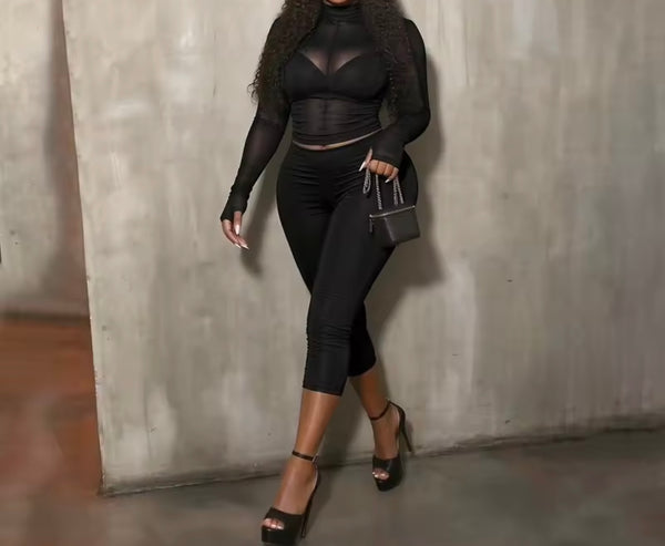 Women Turtleneck Mesh Full Sleeve Crop Two Size Capri Pant Set