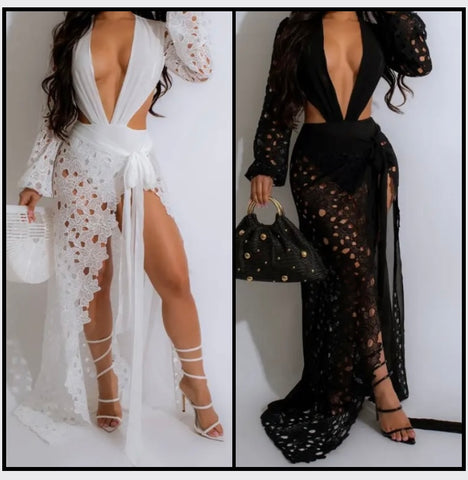 Women Sexy Lace Full Sleeve Bodysuit Two Piece Maxi Skirt Set