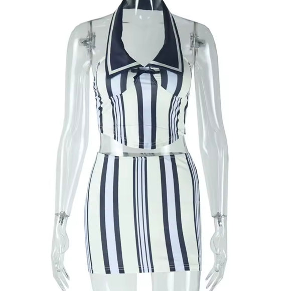 Women Sexy Collar Halter Sleeveless Striped Two Piece Skirt Set