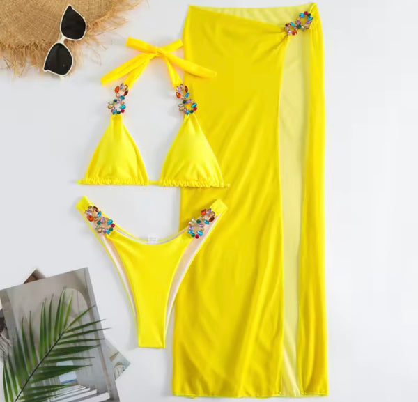 Sexy Colorful Crystal Halter Bikini Cover Up Set