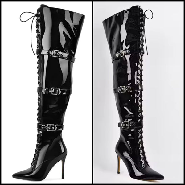 Women Fashion Black Patent Leather Buckled Over The Knee Boots