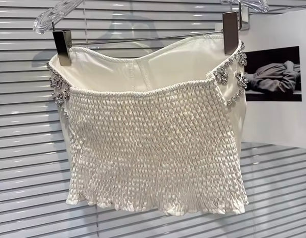 Women Sexy Strapless Floral Rhinestone PU Crop Top