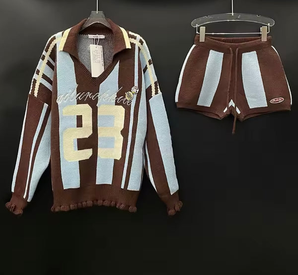 Women Number Print Striped Full Sleeve Two Piece Short Set