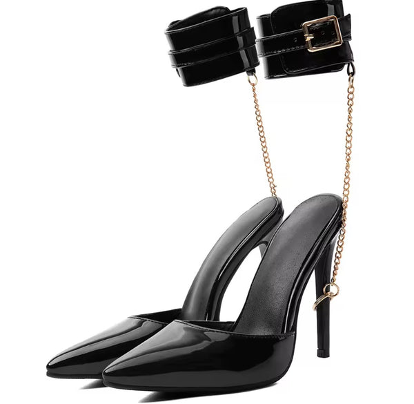 Women Fashion Pointed Toe Patent Leather Chain Buckle High Heels