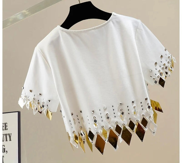 Women Fashion Short Sleeve Rivet Bling Tassel Crop Top