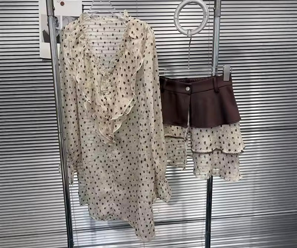 Women Mesh Polka Dot Ruffle Full Sleeve Two Piece Skirt Set