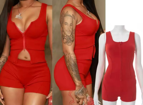 Women Sexy Sleeveless Double Zipper Two Piece Short Set