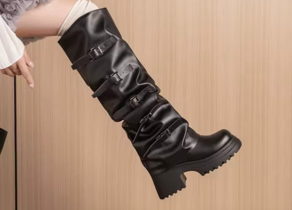 Women Black Buckled Platform Fashion Knee High Boots