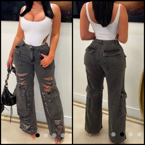 Women Fashion Ripped Cargo Denim Pants