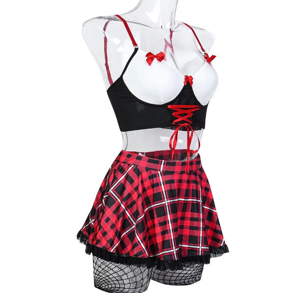 Women Sexy Plaid Lace Up Lingerie Set