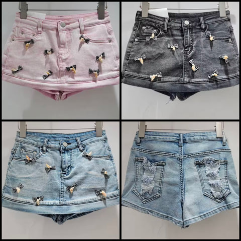 Women Fashion Pearl Plaid Bow Denim Wrap Shorts