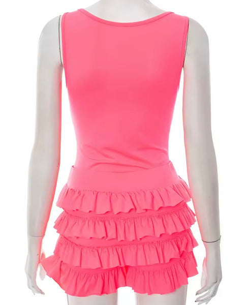 Women Sexy Sleeveless Bling Letter Print Ruffled Two Piece Short Set